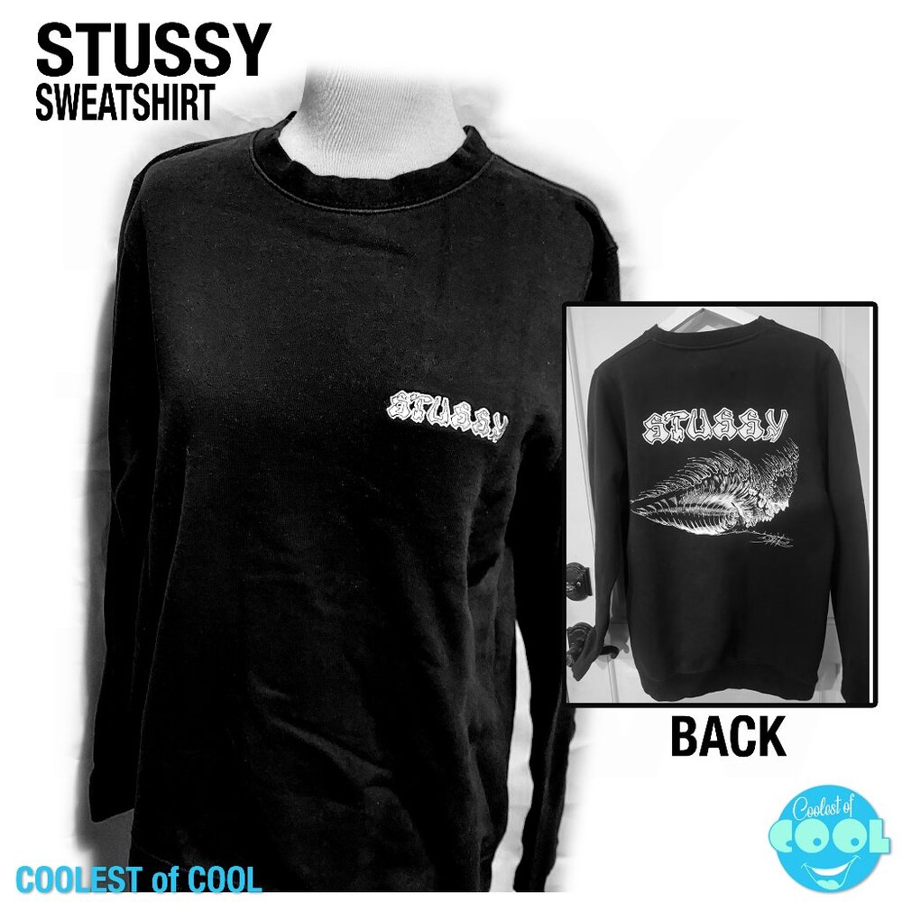 rare STUSSY spellout size small tribal logo black sweatshirt wave graphic nice